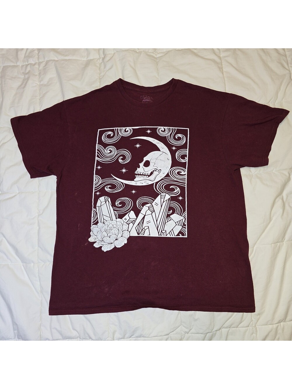 Distressed Call Your Mother Celestial Graphic T-Shirt Burgundy Moon Skull Sz XL